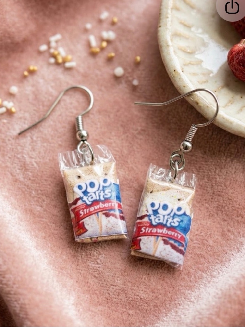 Novelty Strawberry Miniature Dangle Earrings - Silver Hooks